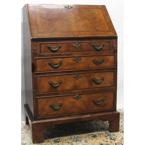 730 - Small early C20th Queen Anne style herring banded walnut bureau, fall front with fitted interior and... 