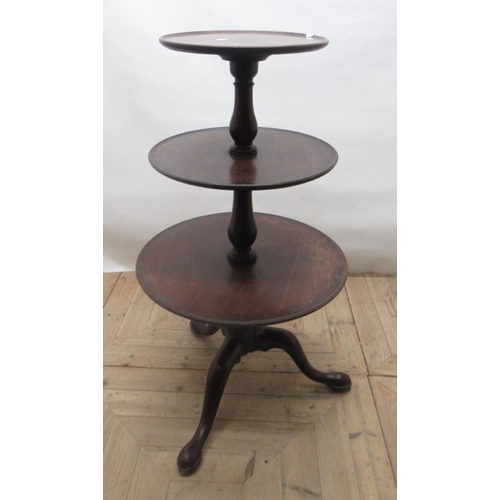 703 - Late Victorian mahogany graduated 3-tier dumb waiter with turned baluster column, on 3 cabriole legs... 