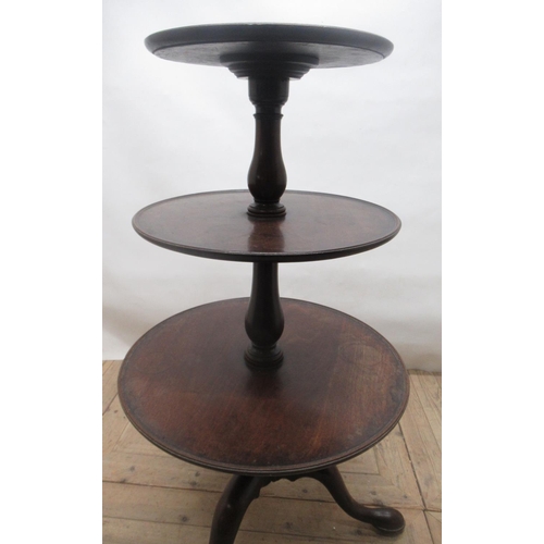 703 - Late Victorian mahogany graduated 3-tier dumb waiter with turned baluster column, on 3 cabriole legs... 