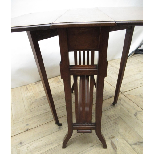 708 - Edwardian mahogany Sutherland table with inlaid crossbanded top & ebony stringing, Lyre ends on squa... 