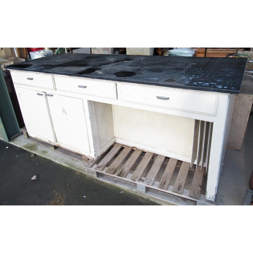 713 - c20th painted pine kitchen island unit with drawers and cupboards with sliding doors, later top (a/f... 