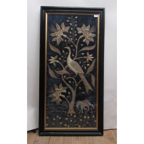 317 - Framed Indian Zardozi type metal embroidered wall art tapestry panel decorated with peacocks and flo... 