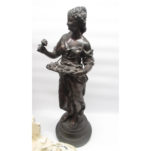 174 - c. C19th spelter figures of ladies, one with a flower basket, the other accompanied by three songbir... 