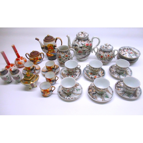 176 - Partial Japanese tea set, another partial Oriental tea set, pair of Oriental posy vase with red flor... 