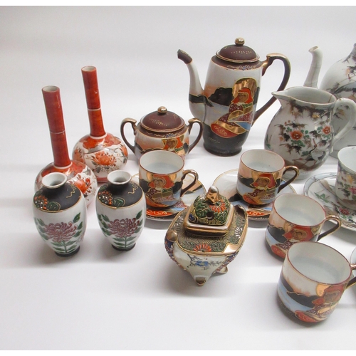 176 - Partial Japanese tea set, another partial Oriental tea set, pair of Oriental posy vase with red flor... 