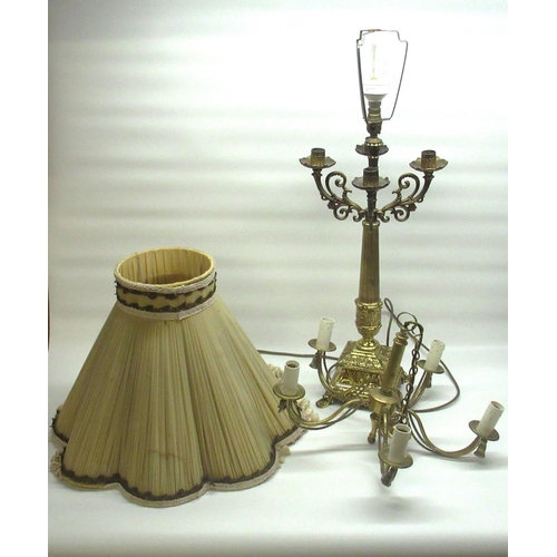 190 - Brass candlestick with 4 branches converted to a lamp with shade and a 5 branch chandelier (2)