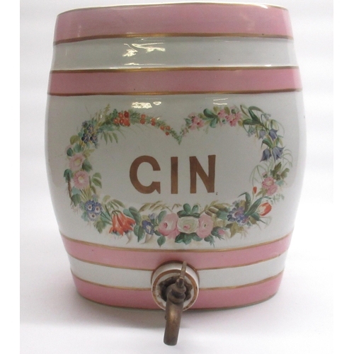 218 - WITHDRAWN - Late Victorian gin barrel with pink bands, central floral panel with gilt highlights, br... 