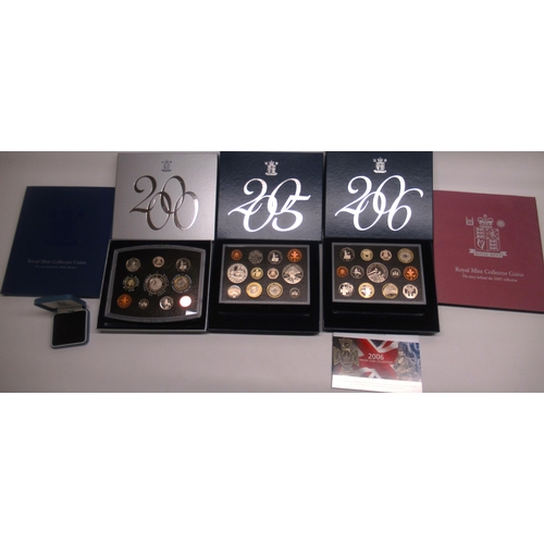 273 - Royal Mint proof coin collections: 2000, 2005, 2006, in original boxes and packaging, and two books ... 