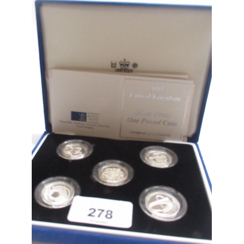 278 - Royal Mint United Kingdom 2003, 2004, 2005, 2006 and 2007 silver proof £1 coin set in fitted case wi... 