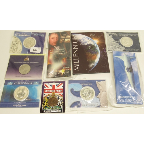 284 - Royal Mint Britannia Silver Bullion £2 collectors coins: 2001, 2002, 2003, 2007, Royal Mint Millenni... 