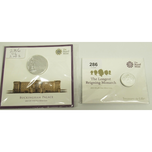 286 - Royal Mint Buckingham Palace 2015 UK £100 Fine Silver Coin, and a Royal Mint 'The Longest Reigning M... 