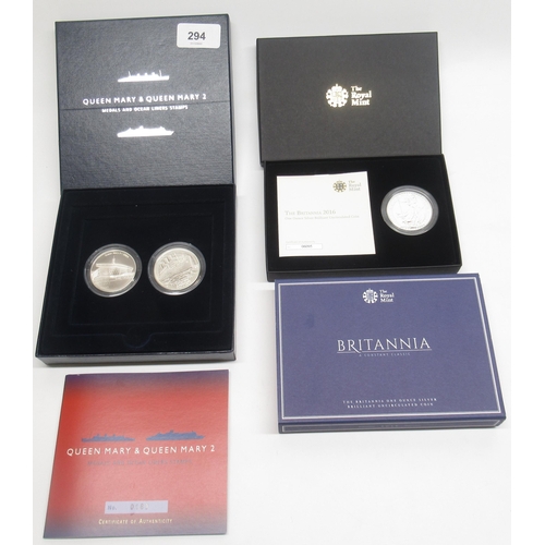 294 - Royal Mint 'Queen Mary & Queen Mary 2' - commemorative boxed set stamps and two silver proof medals ... 