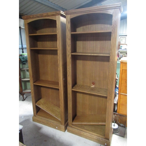 727 - Pair of contemporary oak open bookcases with adjustable shelves, width 76.7cm, depth 32cm, height 21... 