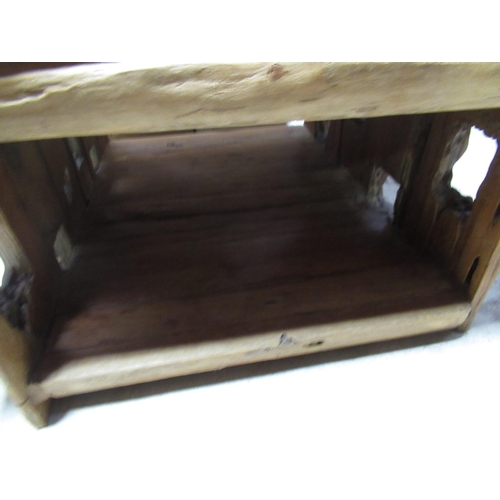 728 - Contemporary rustic driftwood two tier square coffee table, width 89cm, depth 90cm, height 44.5cm