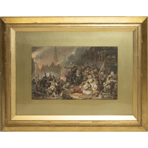 121 - French School (C19th); Death of a General, battle scene in a burning ruined city, watercolour height... 