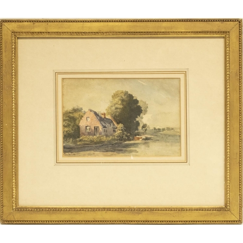 122 - In the style of David Cox; Riverside cottage with cattle, watercolour, bears signature, 16cm x 25cm