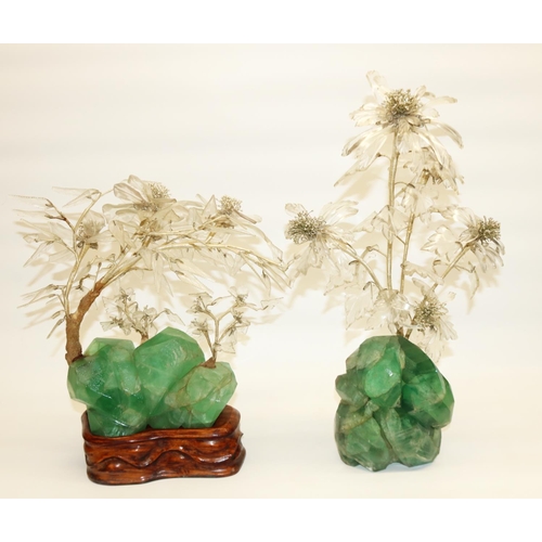 145 - Two C20th polished quartz rock sculptures, wire branch work with glass leaves and beaded stamen, one... 