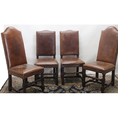 739 - Pair of C17th style dining chairs with arched backs, a similar pair with serpentine backs, all brass... 