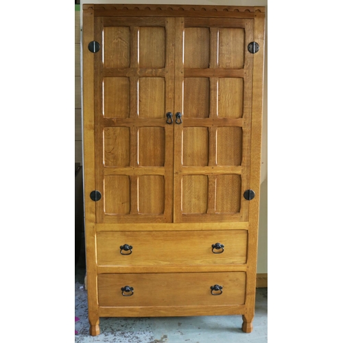 741 - Brian Haw (former Mouseman carver) Yorkshire Oak - Combination wardrobe with two panelled cupboard d... 