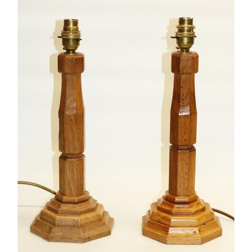 752 - Brian Haw (former Mouseman carver) Yorkshire Oak - Pair of table lamps on stepped bases, H37cm