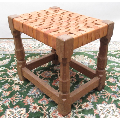 755 - Sid Pollard of Thirsk - an oak rectangular stool, plaited leather top on octagonal baluster supports... 