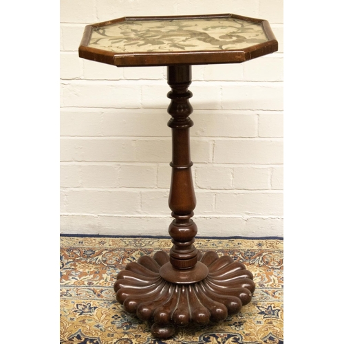 768 - The Grange Goathland - Victorian mahogany side table, embroidered silkwork top on baluster column su... 