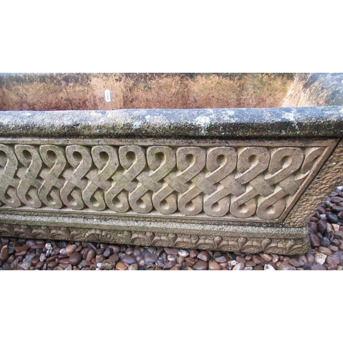 779 - Pair of reconstituted stone planters, with scroll ends and fleur de lis decoration, 92cm x 33cm, app... 