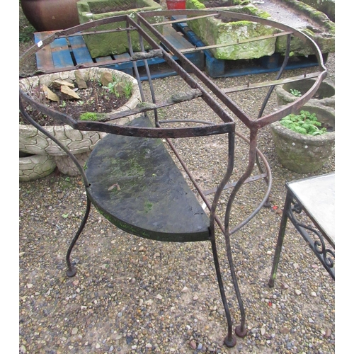 784 - Conservatory table with glass top and metal legs, a half-moon two-tiered planter with flower and scr... 