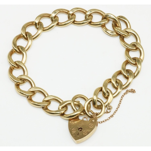 2 - 9ct yellow gold curb link bracelet with heart padlock clasp, stamped 375, L20cm, 36.8g