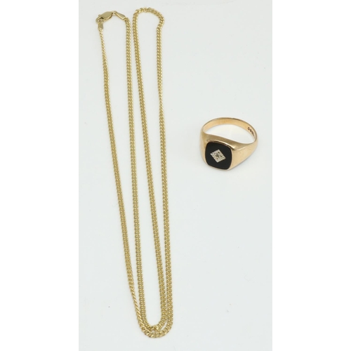 21 - 9ct yellow gold chain link necklace, stamped 375, L60cm, and a 9ct yellow gold square faced signet r... 