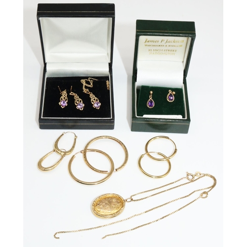 24 - Two pairs of 9ct yellow gold hoop earrings, both stamped 375, a 9ct gold locket pendant, stamped 9ct... 