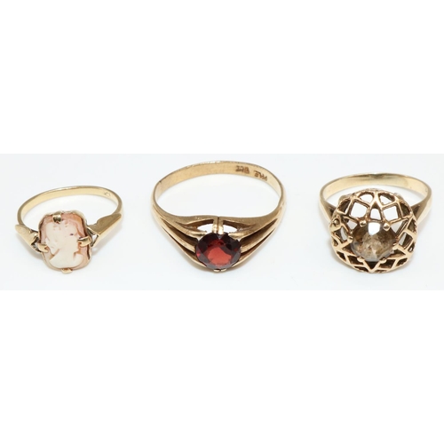 6 - 9ct yellow gold cameo ring, size K1/2, a 9ct yellow gold ring set with red stone, and a 9ct yellow g... 