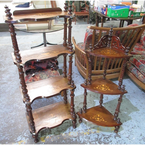 791 - Victorian inlaid walnut four tier what-not, on turned supports W50cm D33cm H126cm and a similar smal... 