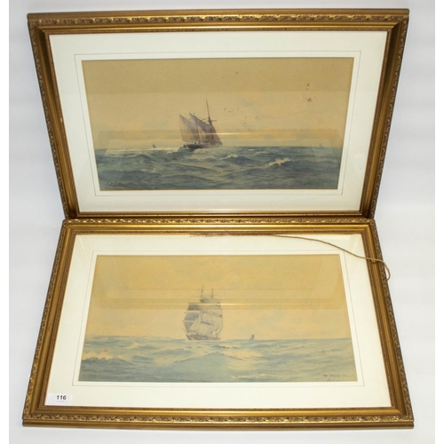 116 - Phil Osment (British, 1861- 1947); pair of watercolours 'Off Welsh Coast' and 'L'Pool Bay', signed, ... 