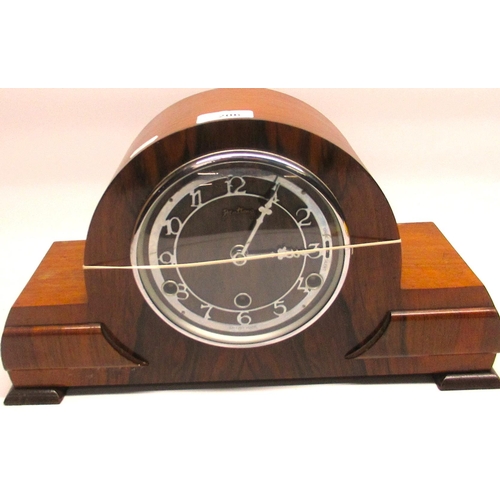 206 - Bentima 1930's figured walnut cased mantel clock with chrome plated bezel, three train Westminster c... 