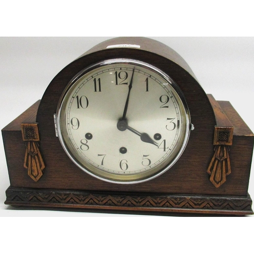 207 - Haller 1930's oak cased mantel clock, chrome plated bezel and silvered Arabic dial, three train West... 