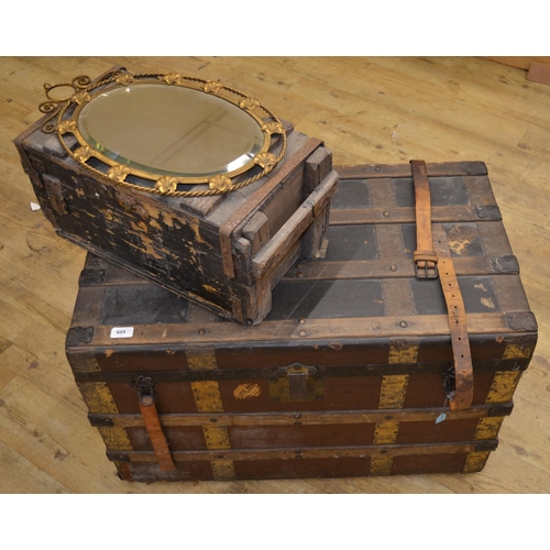 689 - Campaign chest with brass and wood strapping, leather fasteners and leather handles with brass escut... 