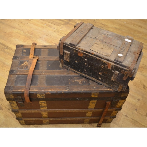 689 - Campaign chest with brass and wood strapping, leather fasteners and leather handles with brass escut... 