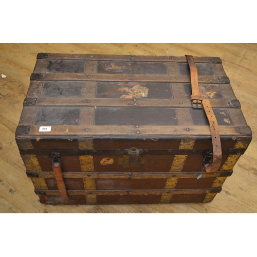 689 - Campaign chest with brass and wood strapping, leather fasteners and leather handles with brass escut... 