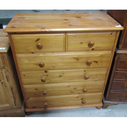 792 - Modern pine chest of 2 short and 4 long drawers, on ball feet, W84.5cm, D40cm, H97cm