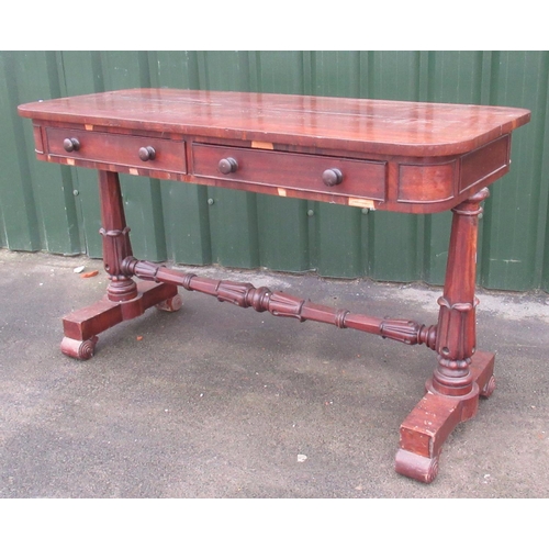 802 - Victorian Gillows style mahogany library table, 2 frieze drawers, opposite 2 faux drawers, carved oc... 