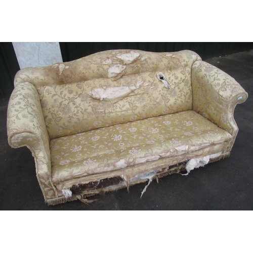 804 - C20th 3 seater camel back setee, with drop down scroll arms, in gold damasc, in need of reupholstery... 