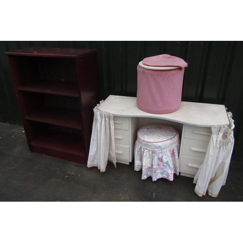 806 - Kidney shaped kneehole dressing table with 3 drawers to either pedestal and stool, office supplies b... 