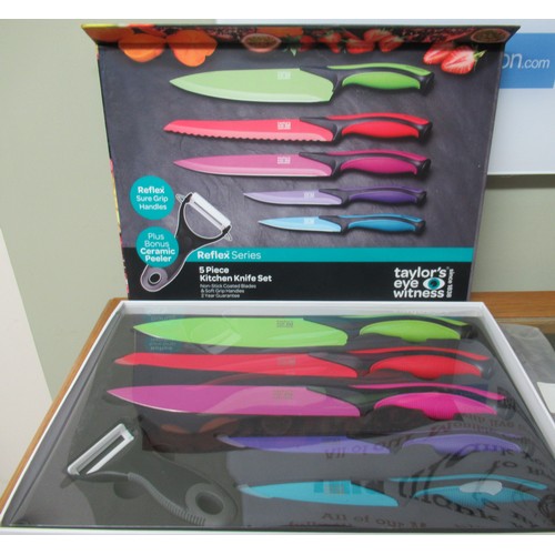 696 - Boxed as new Taylor's Eyewitness reflex series 5 piece kitchen knife set, wooden handled 6