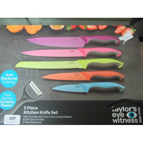 697 - Boxed as new Taylor's Eyewitness 5 piece kitchen knife set, Taylor's Eyewitness knife sharpener, 12