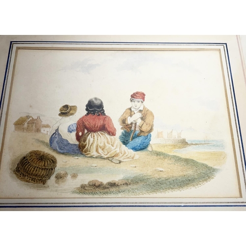 129 - C19th watercolour of children on a beach, unsigned, 18x 13.5cm, and four prints (5)