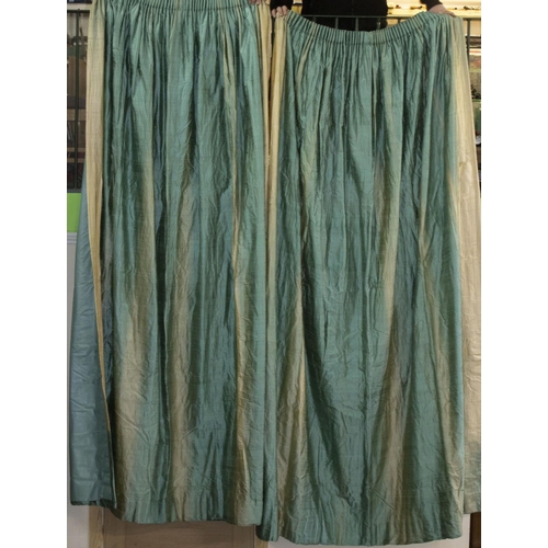 807 - 3 pairs of turquoise silk lined curtains, with matching pelmets, pleated width (per curtain) approx.... 