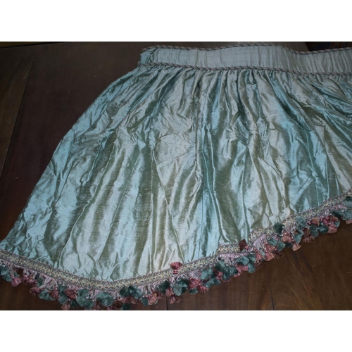 807 - 3 pairs of turquoise silk lined curtains, with matching pelmets, pleated width (per curtain) approx.... 