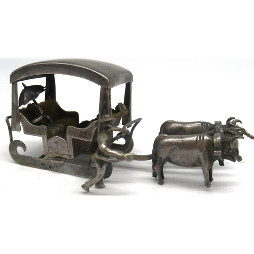 100 - Portuguese miniature silver sledge pulled by oxen, with three figures, doors marked '1', continental... 