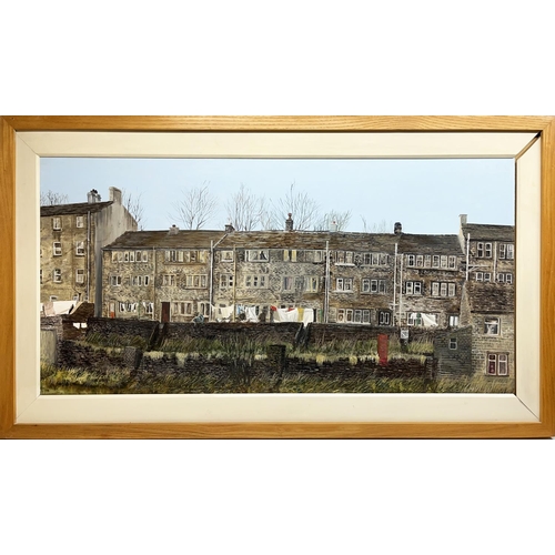 123 - English school, late C20th; terraced houses, oil on board, 50cm x 100cm